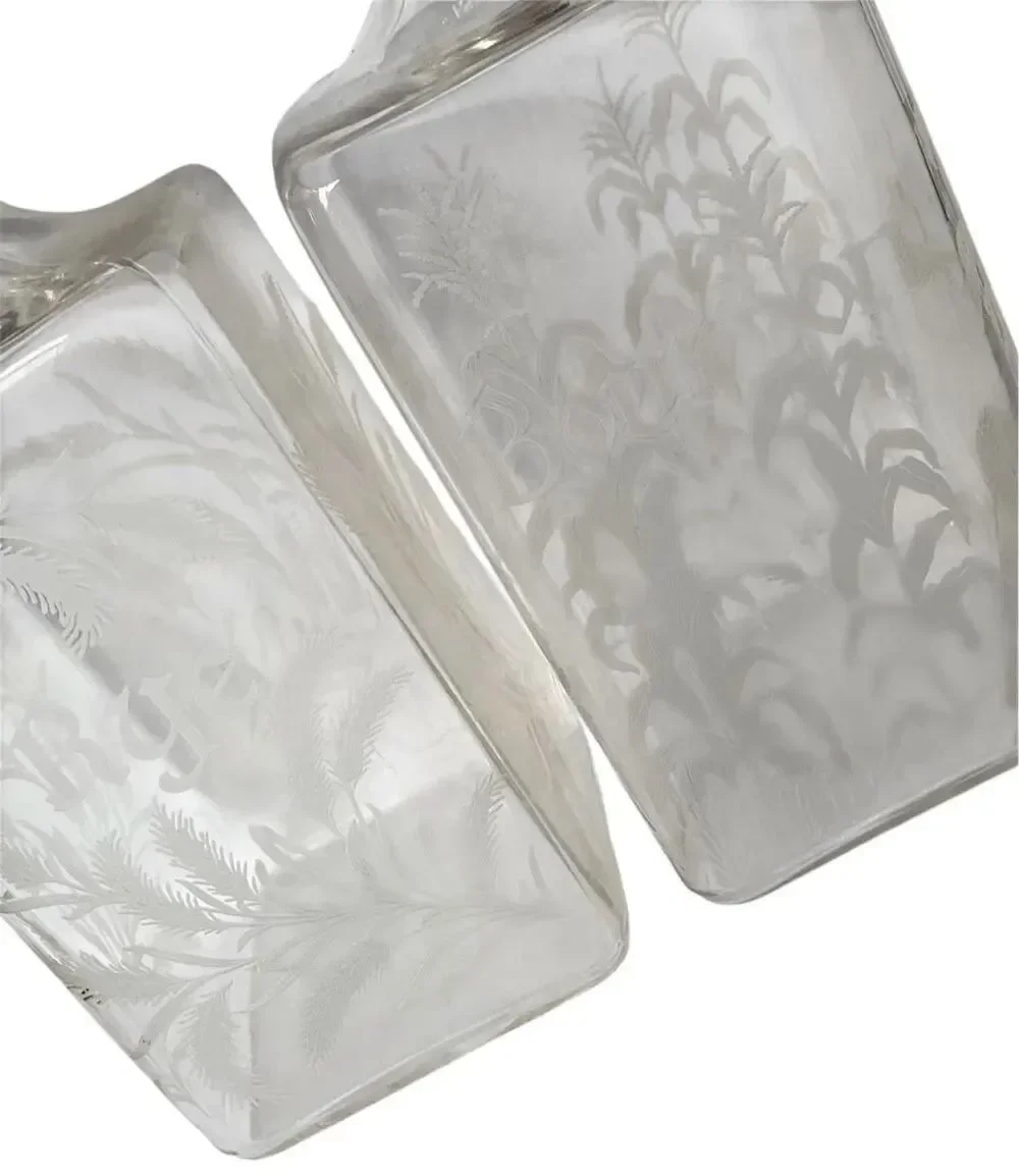 2 Vintage Etched Glass Decanters Thistle Rye Bourbon Bar BOTTLES STOPPERS SET